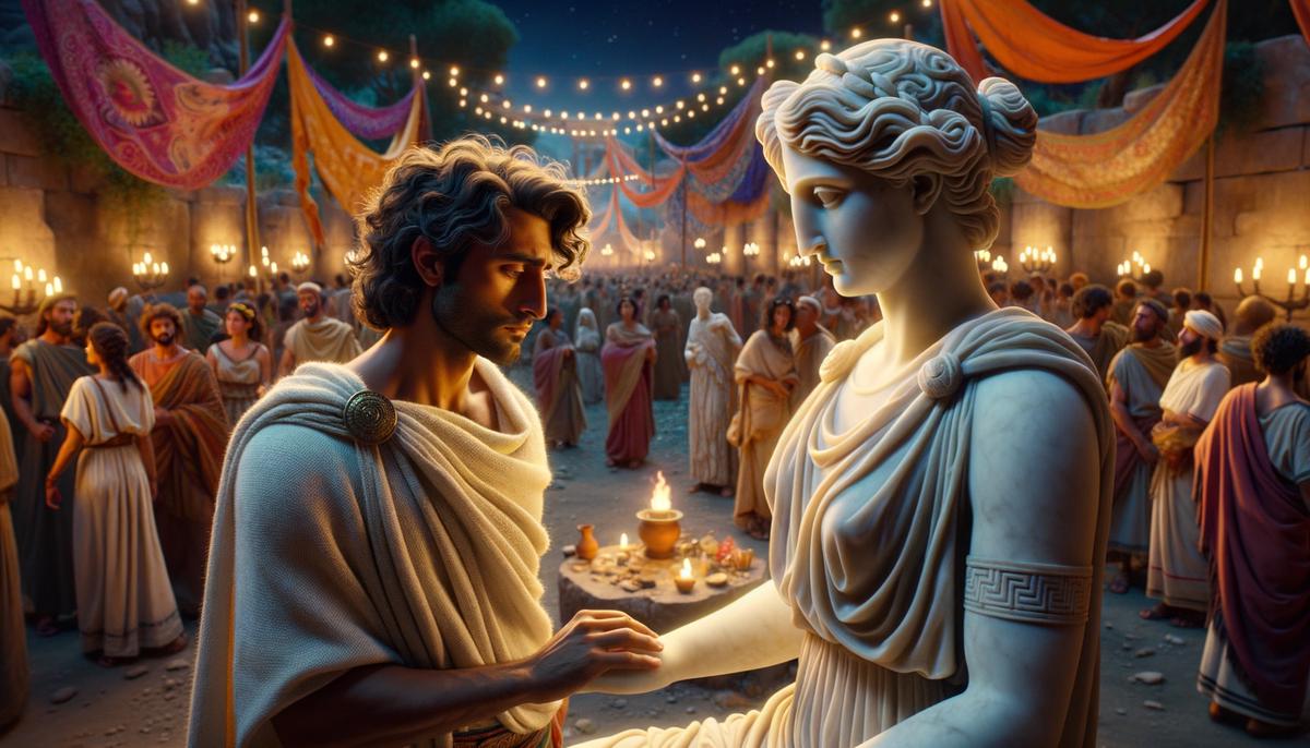 Pygmalion holding the hand of his marble statue at a lively ancient Greek festival for Venus