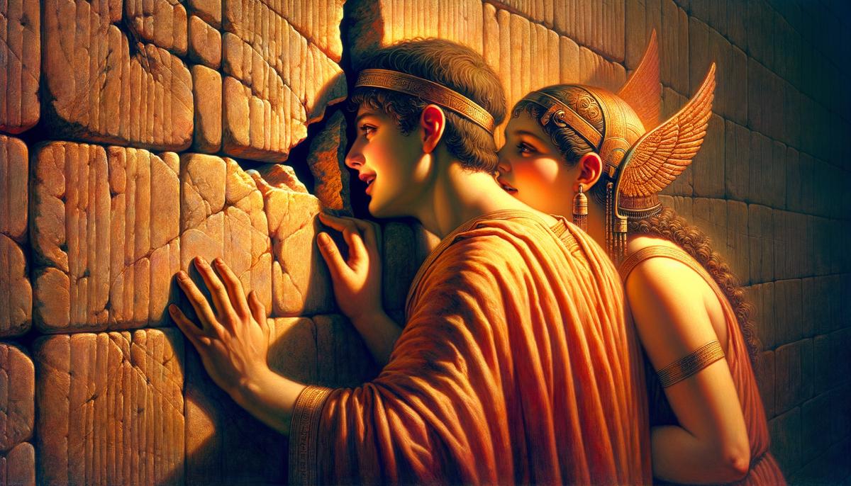 Pyramus and Thisbe, two young Babylonian lovers, whisper sweet words to each other through a crack in the wall that divides their homes, their faces alight with a mix of joy, longing, and the thrill of forbidden love.