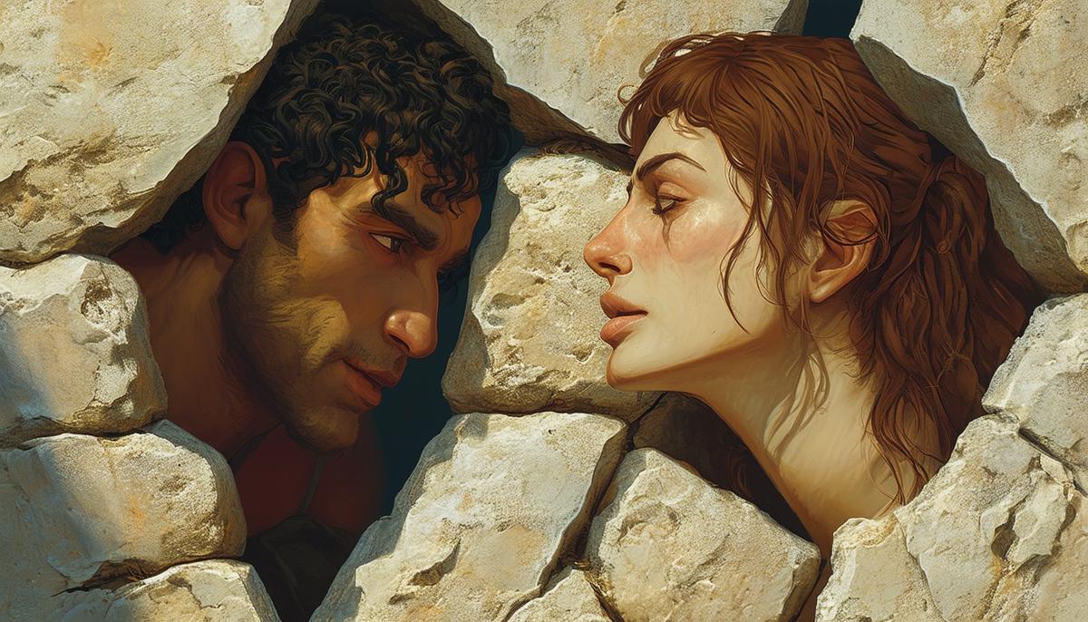 Pyramus and Thisbe whispering through a crack in a stone wall
