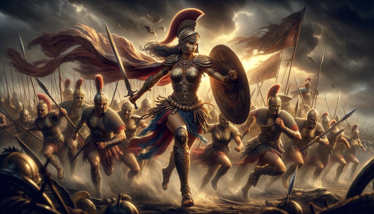 Queen Penthesilea fiercely leading her Amazon warriors into battle against the Greeks during the Trojan War