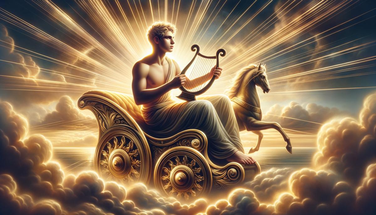 Radiant Apollo driving his sun chariot across the sky while playing his golden lyre