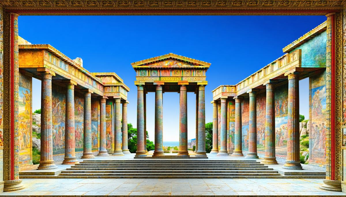 Reconstructed view of a Greek temple with vibrant frescoes and colored architectural elements