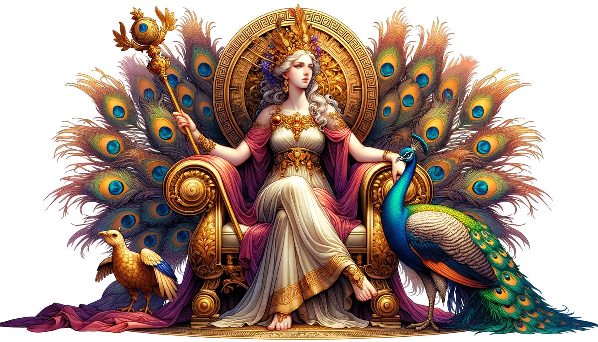 Regal Hera, Queen of Olympus, seated on her throne with a peacock at her side