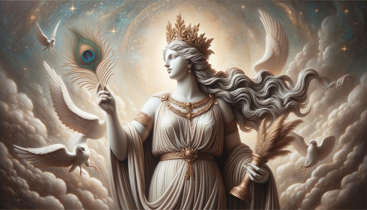 Regal portrait of Hera, Queen of the Gods, wearing a crown and holding a peacock feather