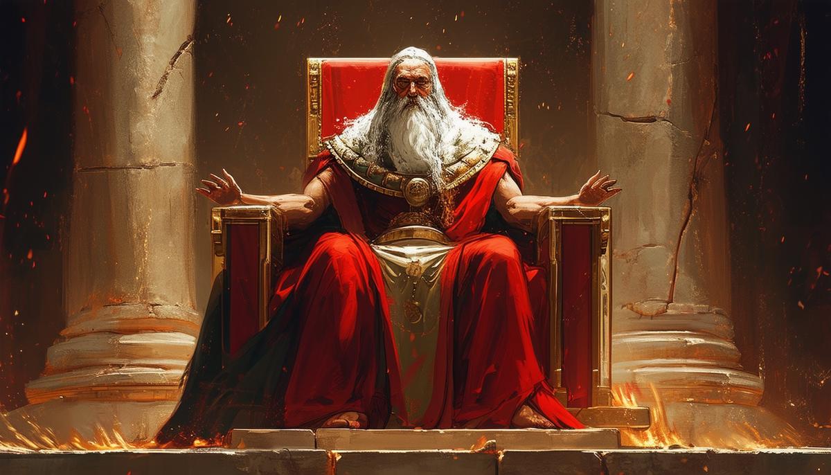 Rhadamanthus, the wise judge of the Greek underworld, sitting on a throne and assessing the souls of the dead