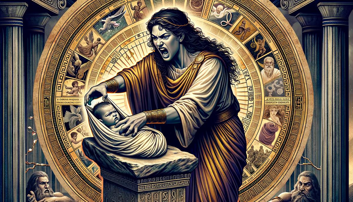 Rhea wrapping a stone in baby clothes to trick Cronus and save baby Zeus