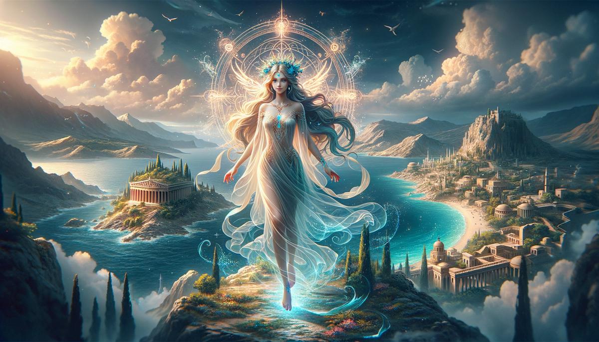 Rhodus, daughter of Poseidon and Halia, embodies the essence of the island of Rhodes, her presence infusing the land with divine magic and significance.