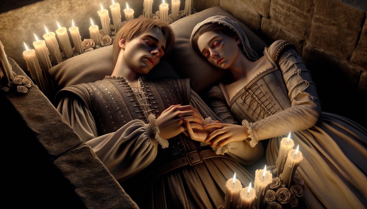 Romeo and Juliet, the star-crossed lovers of Verona, lie side by side in eternal slumber, their lifeless hands entwined, as the tragic consequences of their families' feud are laid bare in this haunting tableau of love and loss.