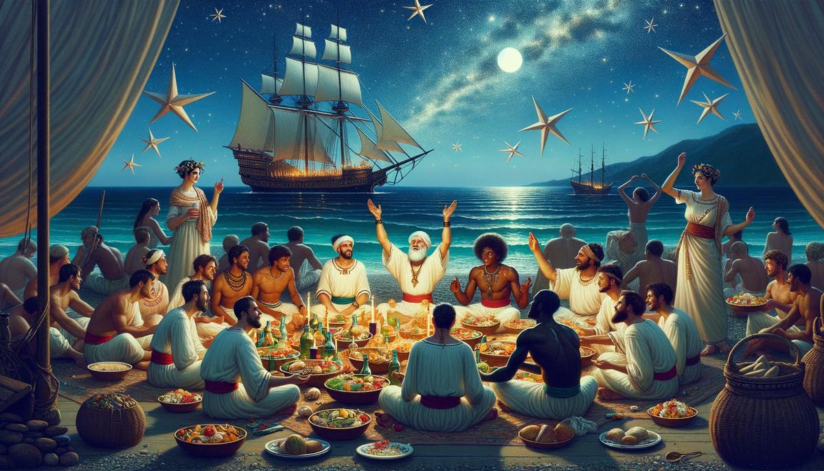 Sailors feasting and celebrating at the nocturnal Brizomenia festival dedicated to Brizo