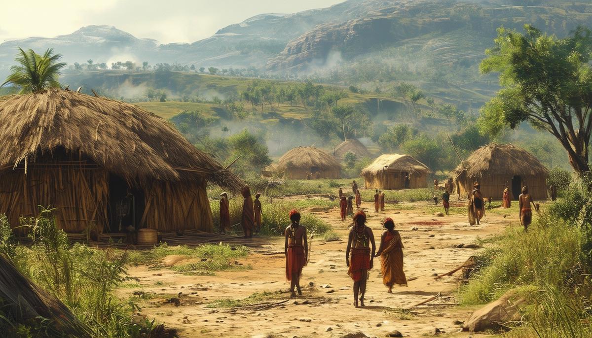Scattered tribes across the early Pantariste landscape, with simple huts and people going about their daily lives