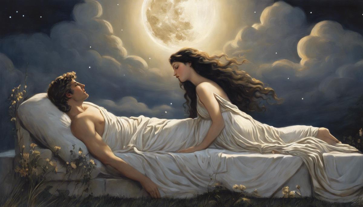 Selene the moon goddess gazing lovingly at the sleeping shepherd Endymion in Greek mythology