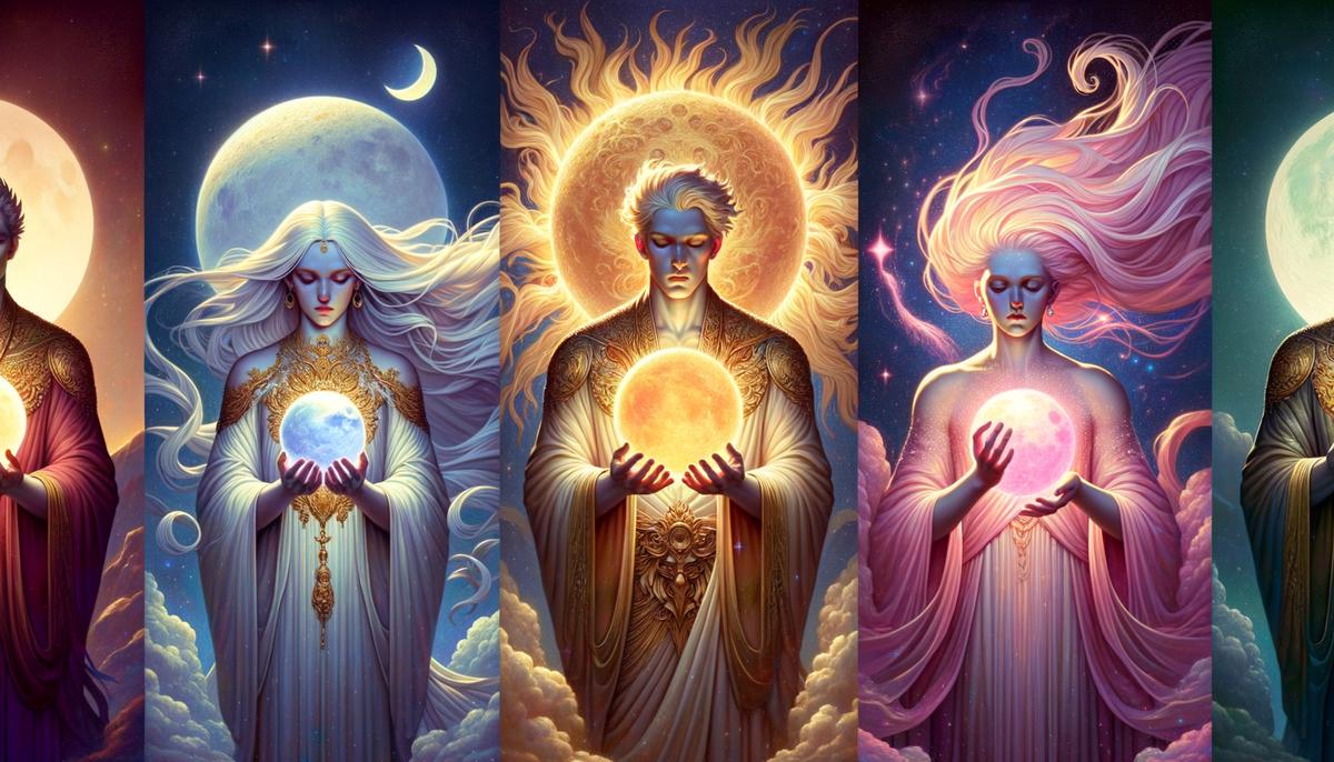 Selene, the moon goddess, her twin brother Helios the sun god, and their sister Eos the dawn goddess in Greek mythology
