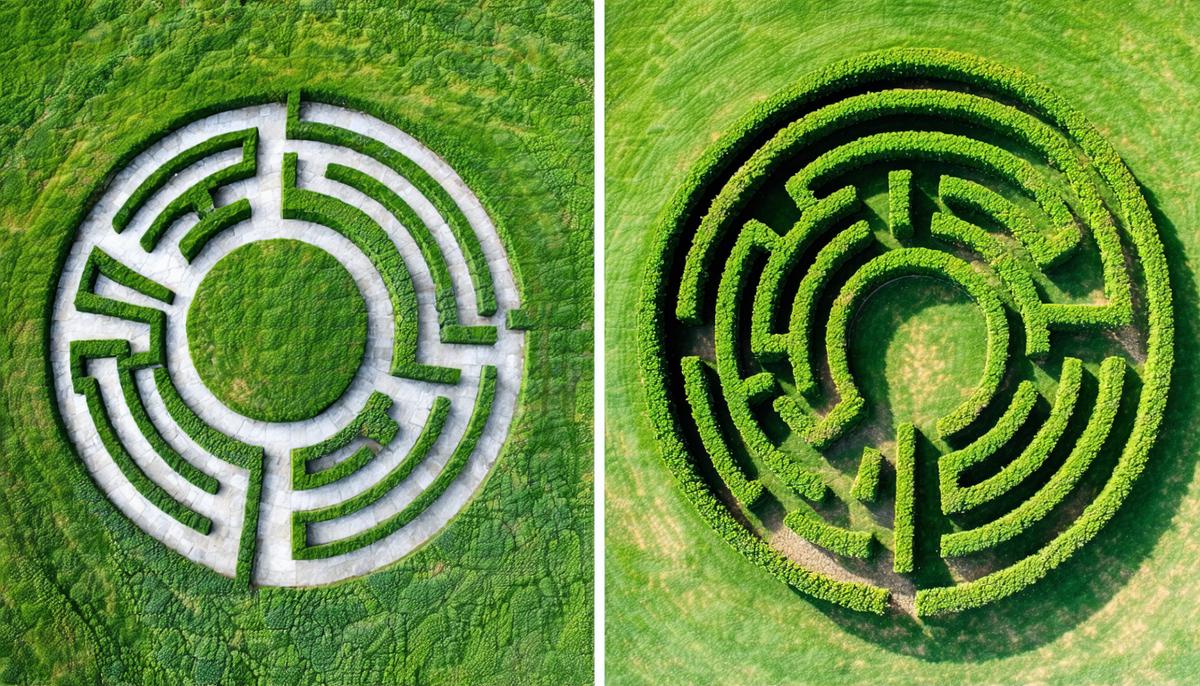 Side-by-side comparison of a circular labyrinth and a complex hedge maze