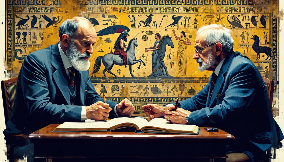 Sigmund Freud and Carl Jung discussing Greek myths, surrounded by dream symbols and archetypes