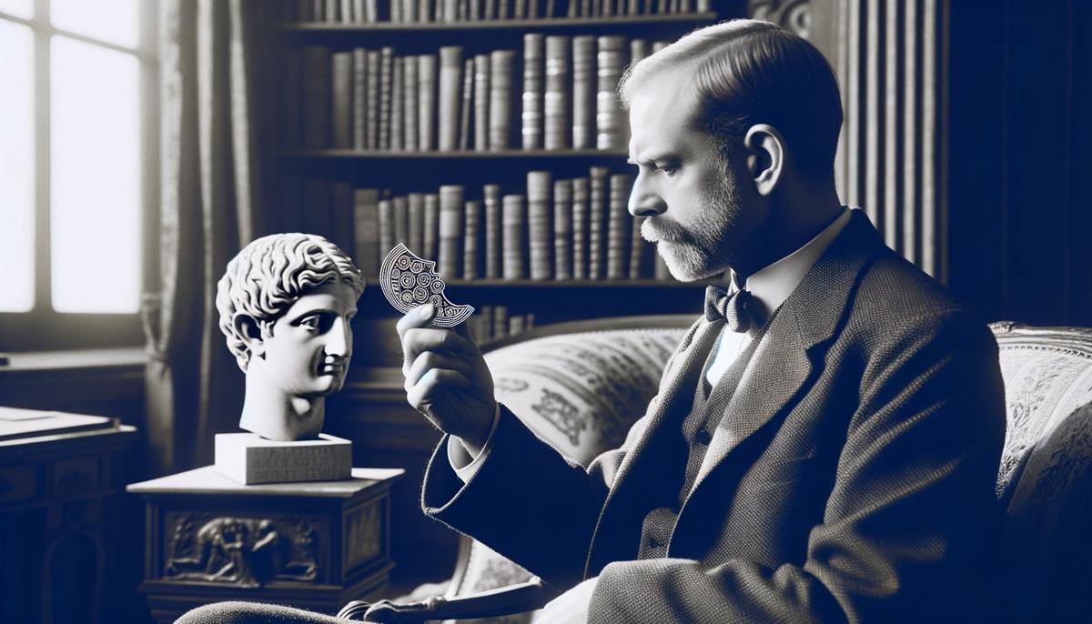 Sigmund Freud in his study, thoughtfully examining a Greek statuette of Oedipus