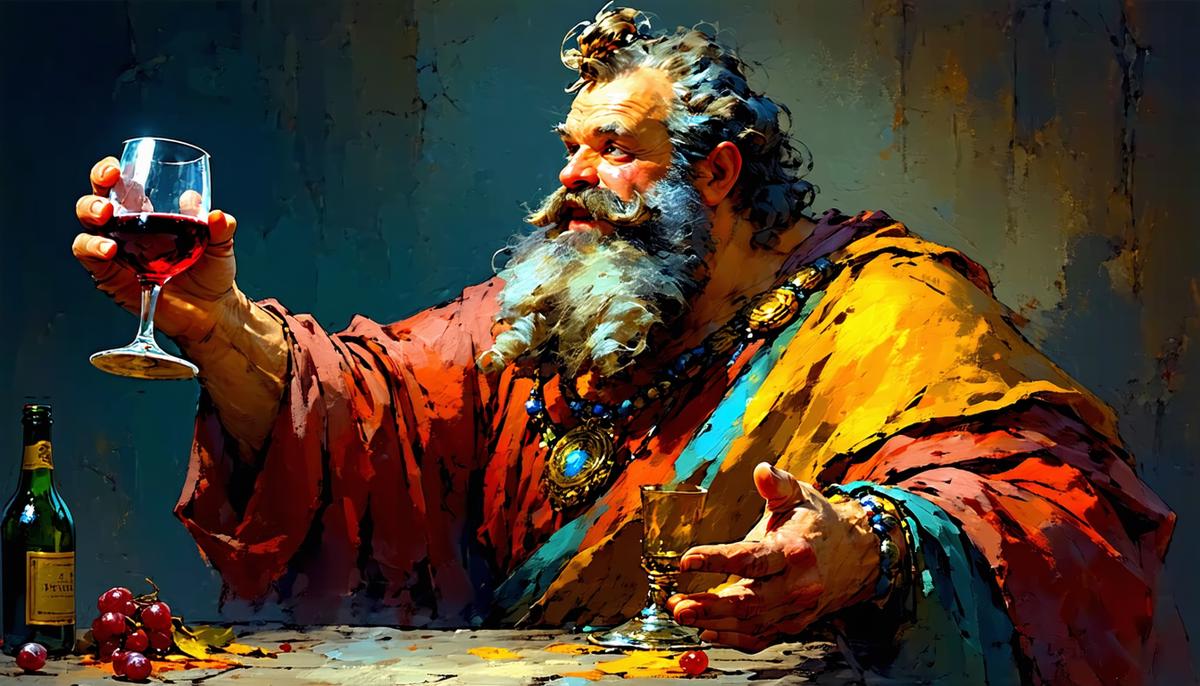 Silenus, the drunken philosopher, gesturing dramatically while holding a wine cup