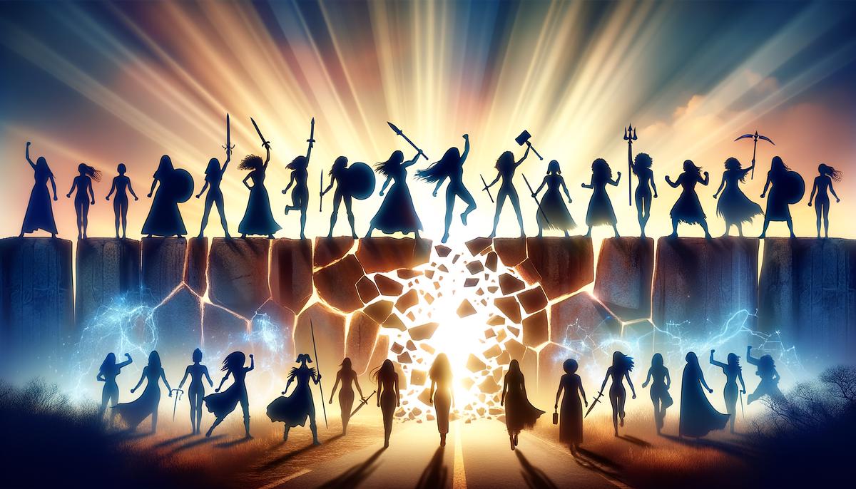 Silhouettes of female warriors breaking through societal barriers