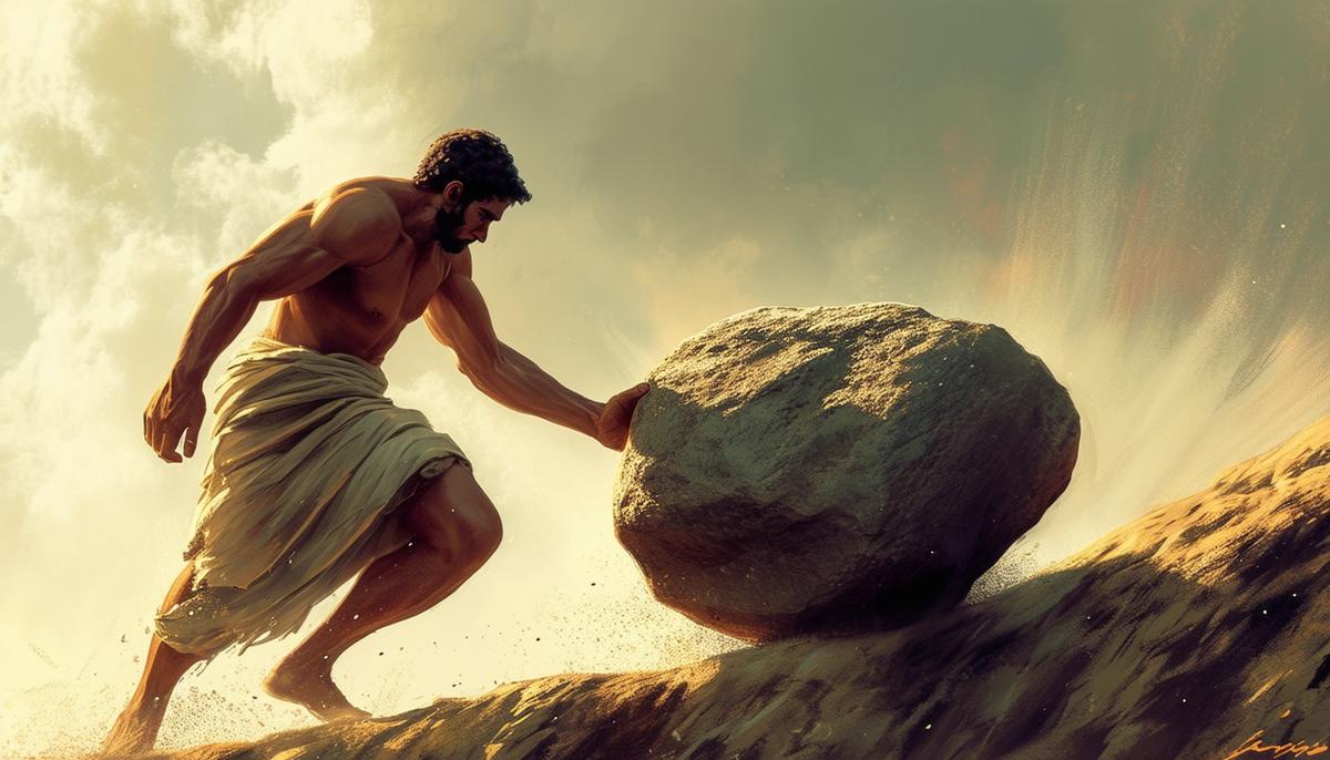 Sisyphus, a man in ancient Greek clothing, straining to push a large boulder up a steep hill as punishment for his deceit.
