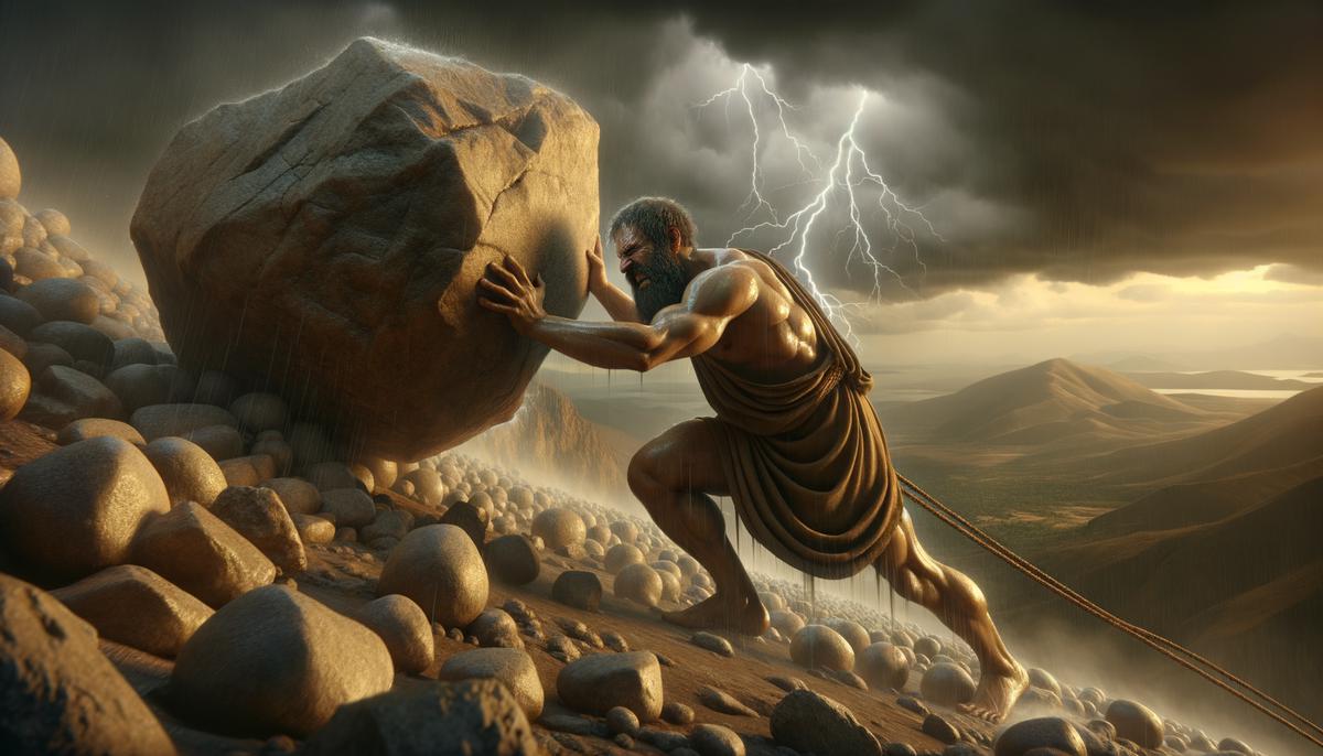 Sisyphus, a muscular, bearded man in ancient Greek clothing, straining to push a large boulder up a steep hill under a stormy sky.