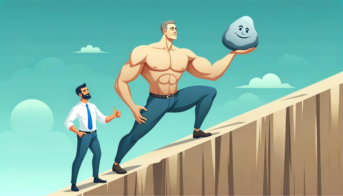 Sisyphus easily carrying a small pebble uphill with a Geico agent nearby