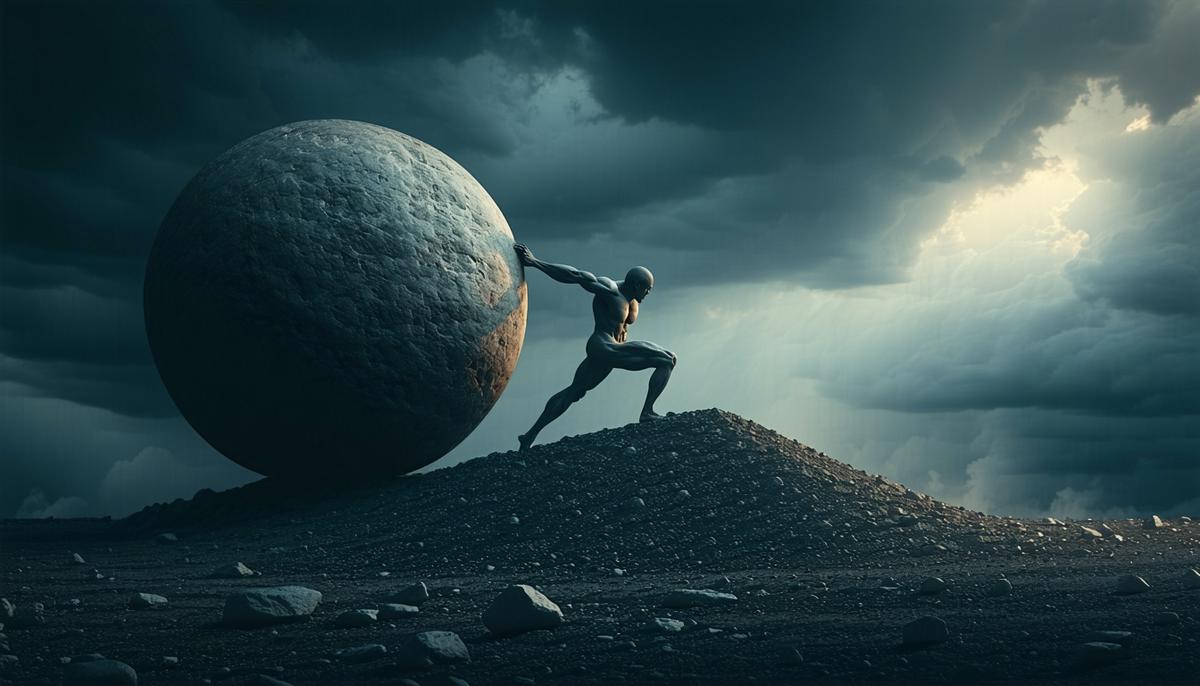 Sisyphus pushing his boulder up a hill, with a faint light of hope at the top
