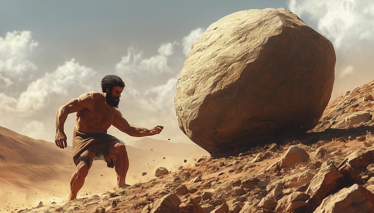 Sisyphus straining to push a large boulder up a steep hill in a barren landscape