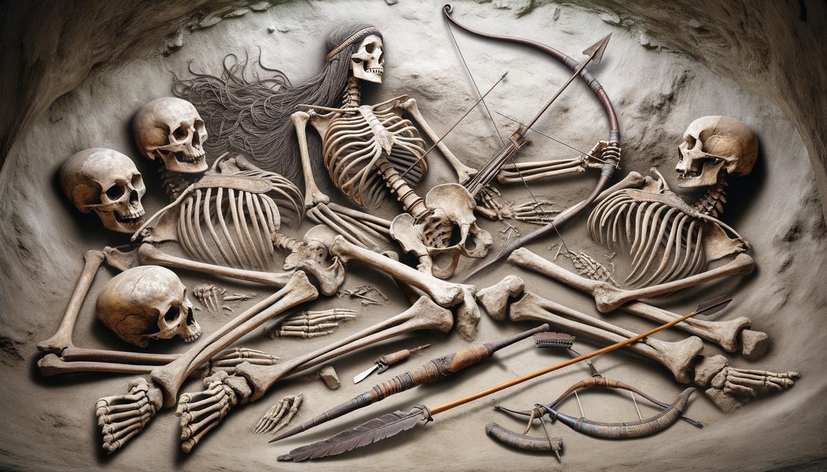 Skeletons of Scythian warrior women discovered in ancient tombs, equipped with weapons like ornate bows, indicating their active participation in battles and hunts.