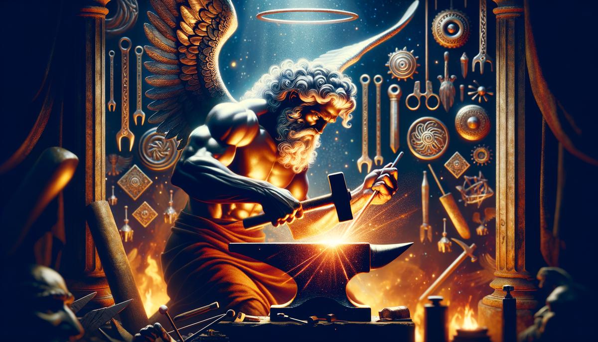 Skilled Hephaestus working at his divine forge, crafting a masterpiece with hammer and anvil