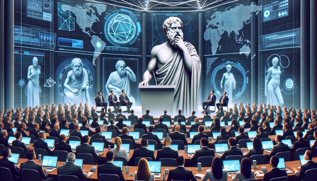 Socrates in a toga challenging CEOs at a modern tech conference