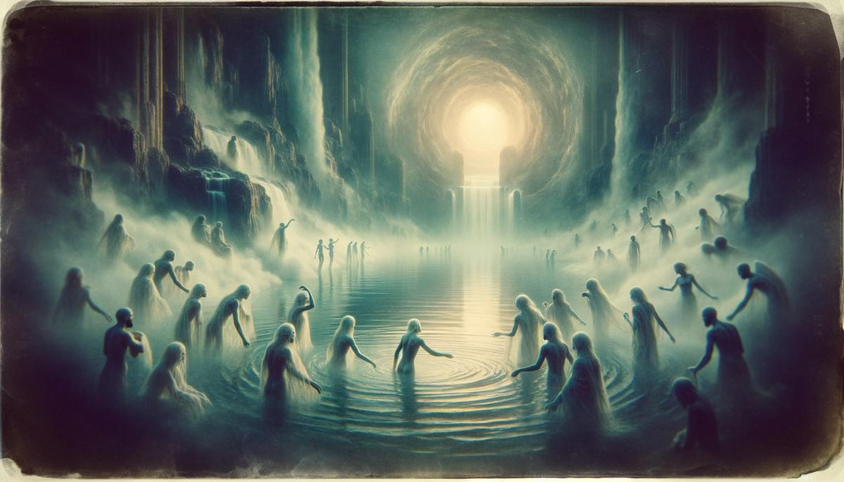 Souls of the dead drinking from the serene waters of the River Lethe, their expressions changing from troubled to peaceful as they forget their mortal lives