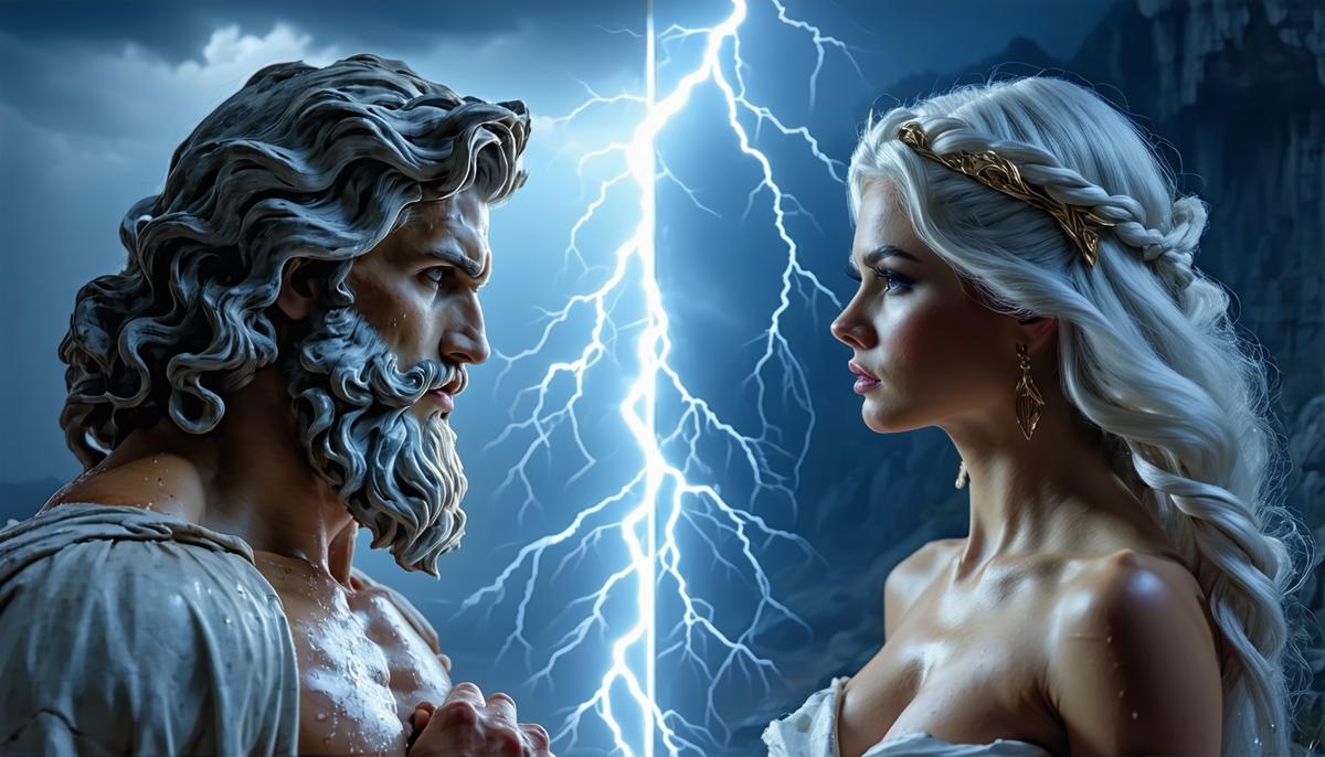 Split image of Zeus with lightning and calm, and Aphrodite examining herself in a mirror