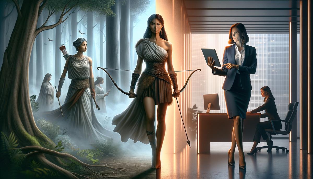 Split image showing Artemis in ancient Greek setting and a modern businesswoman in an office, both in powerful poses