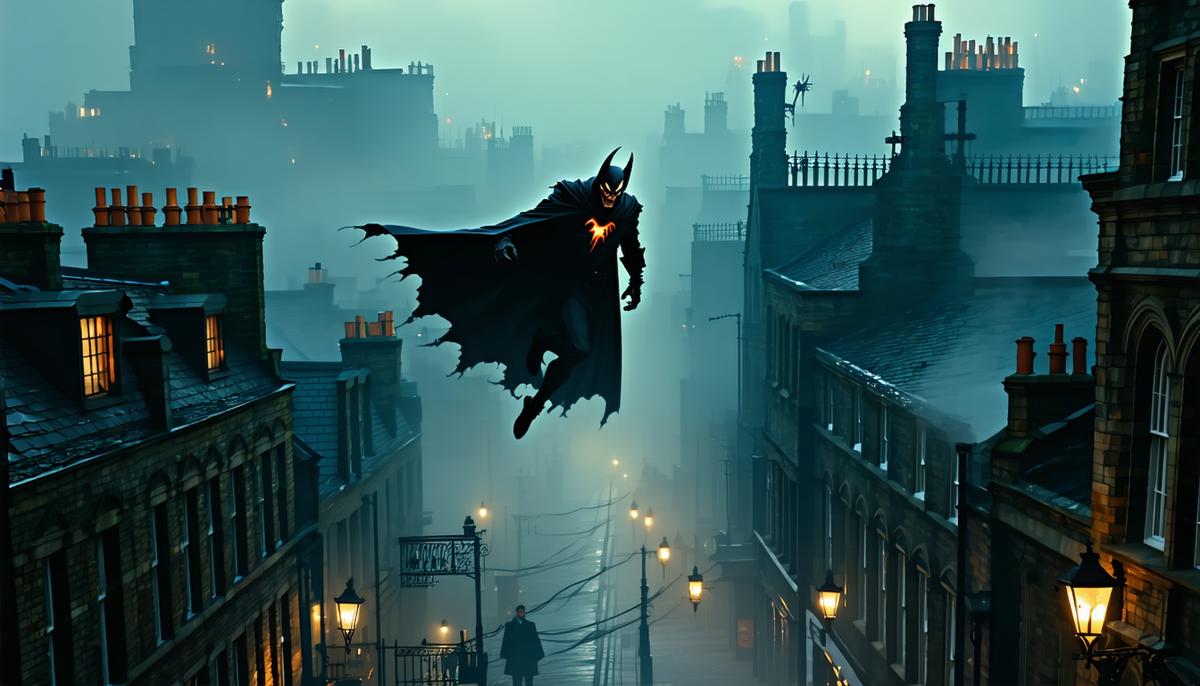 Spring-Heeled Jack, with his grotesque grin and fiery eyes, leaping between Victorian London rooftops on a foggy night