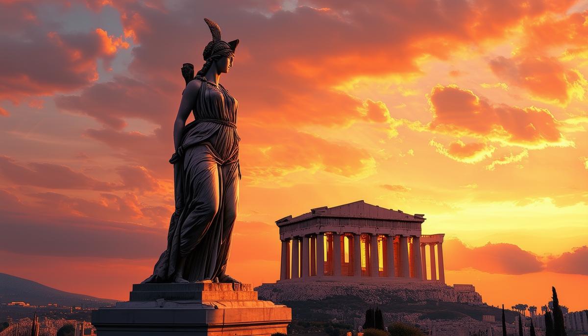 Statue of Athena standing proudly in front of the Parthenon at sunset