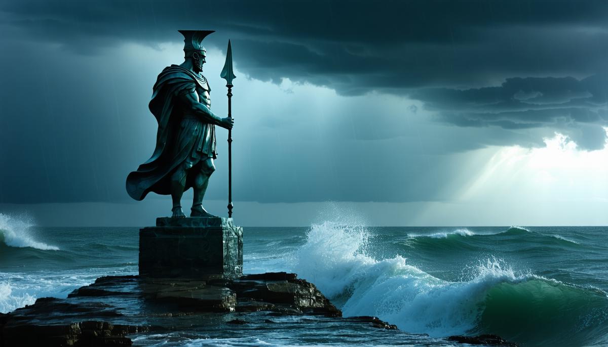 Statue of Poseidon overlooking a stormy sea