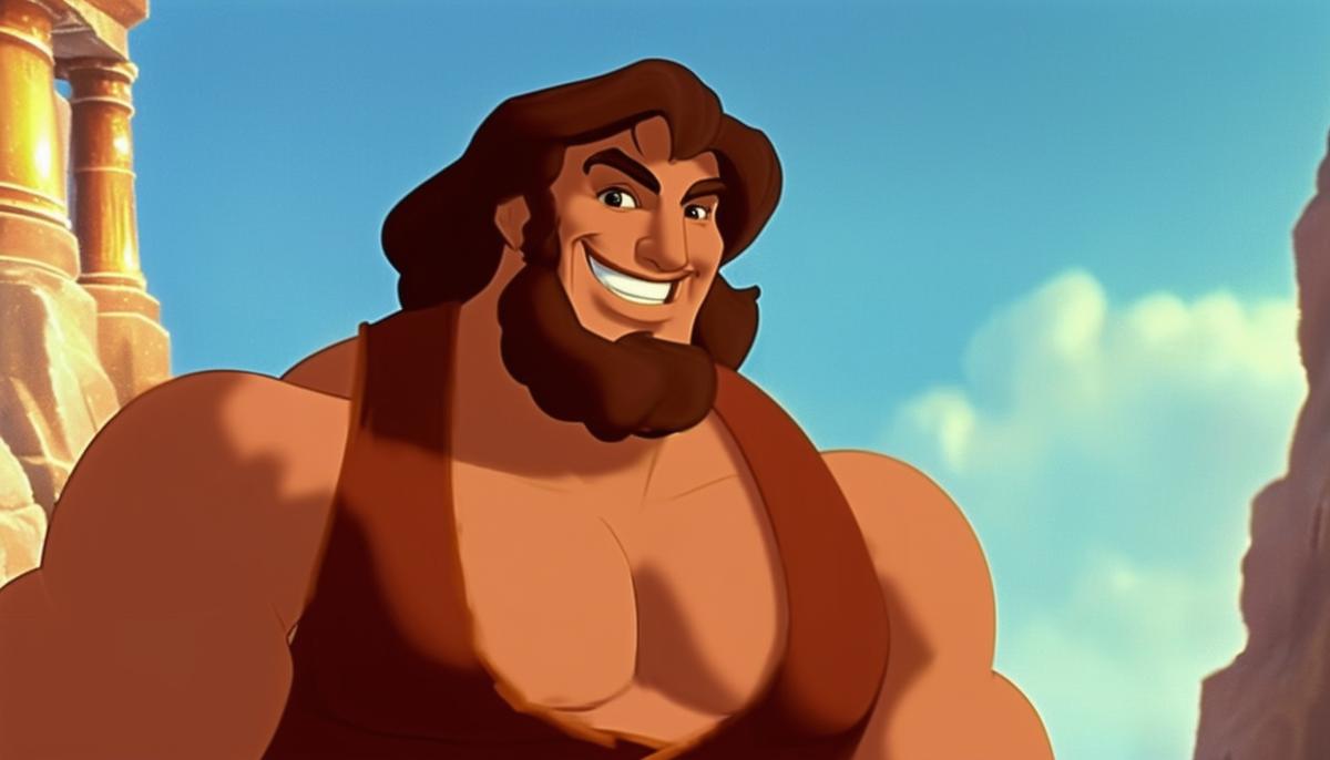 Still frame from the 1997 Disney animated movie Hercules, showing the titular character as a smiling, muscular man