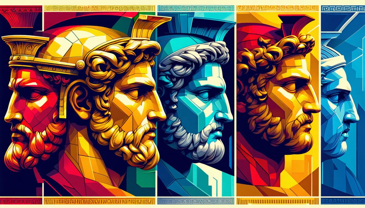 Stylized depiction of Greek gods with their associated color symbolism