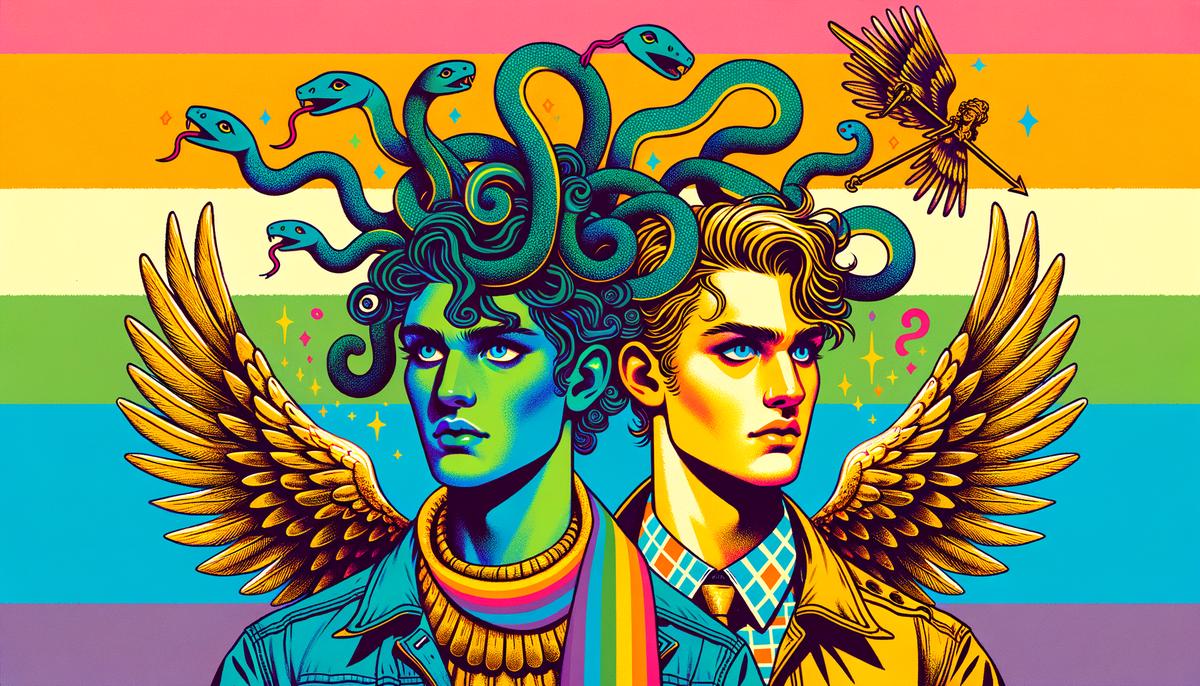 Stylized portraits of Medusa and Icarus as queer icons
