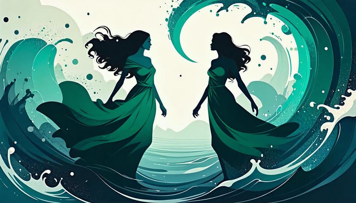 Stylized representations of Scylla and Charybdis as modern women navigating complex situations