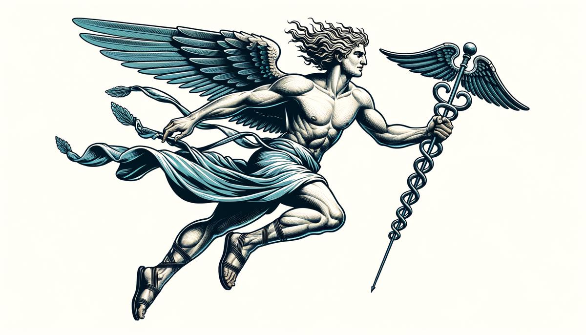 Swift Hermes flying through the air with his winged sandals and caduceus staff