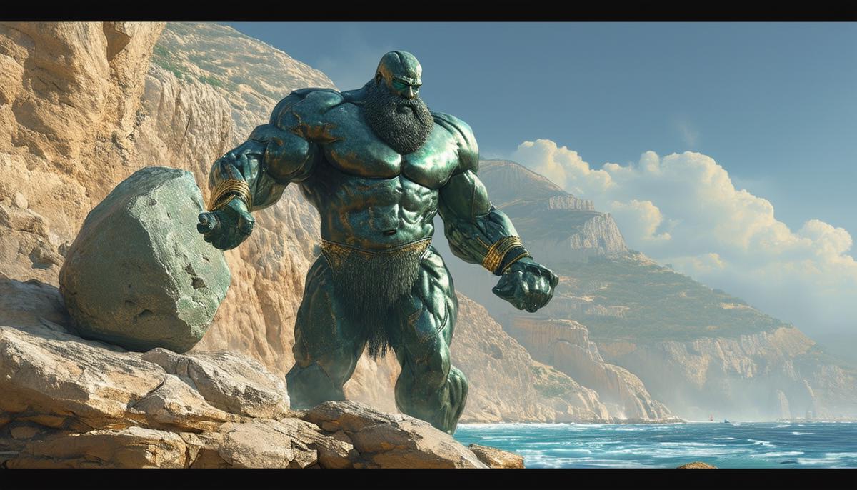 Talos, the colossal bronze giant, standing guard on the shores of Crete, his metallic body gleaming in the sunlight. He is poised to hurl a massive rock at any approaching invaders, his unwavering dedication to protecting the island evident in his stance.