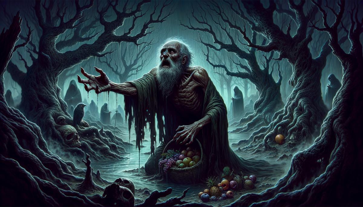 Tantalus reaching for unreachable food and water in the underworld