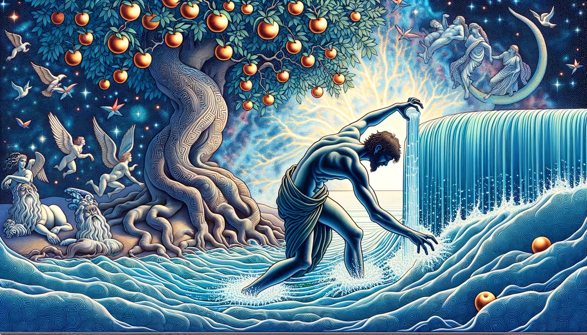 Tantalus reaching for unreachable fruit and water in the underworld, illustrating his eternal punishment