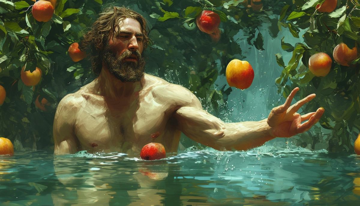 Tantalus, standing in a pool of water, reaching for fruit that remains just out of his grasp as eternal punishment for his transgression against the gods.