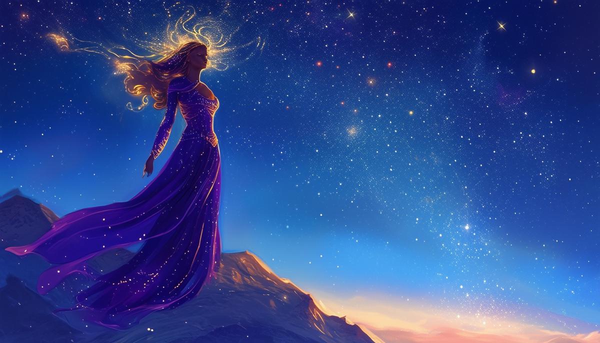 Taygete, a celestial goddess, shimmering in the starry sky above Mount Taygetus.