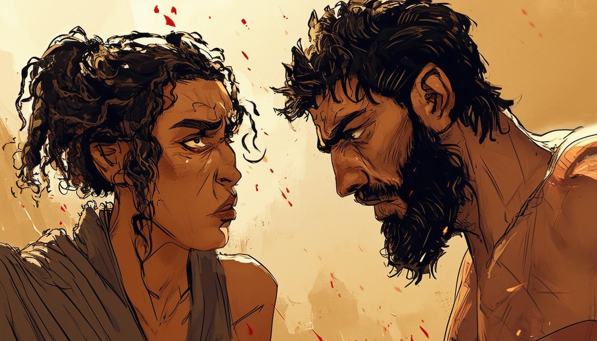 Tecmessa pleading with Ajax not to take his own life, with Ajax looking troubled and conflicted