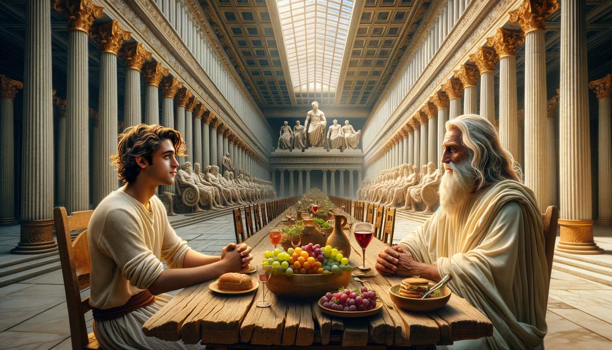 Telemachus, a young Greek man, meeting with King Nestor, an elderly Greek man, in the palace of Pylos