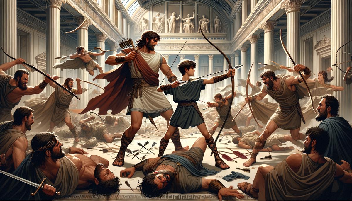 Telemachus and Odysseus, armed with bows and arrows, battling the suitors in the great hall of their palace