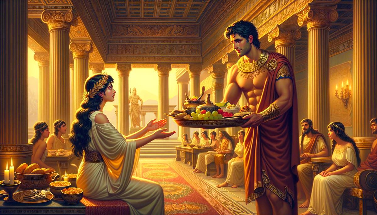 Telemachus graciously welcoming Athena, disguised as Mentes, into his home