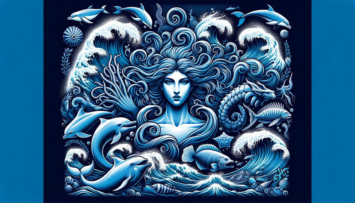 Thalassa, the primordial sea goddess, surrounded by ocean waves and sea creatures.